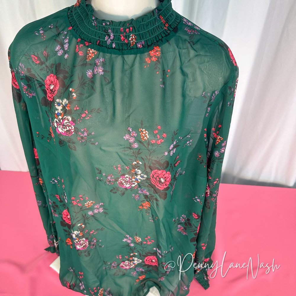 Torrid Chiffon Smocked Mock Neck Floral Blouse Top Green - Picture 4 of 11